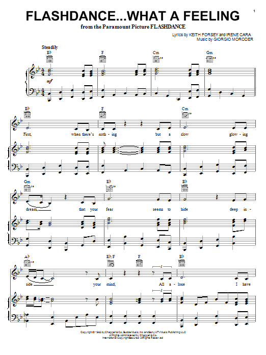 Preview Irene Cara Flashdance...What A Feeling Pop sheet music, notes and chords for Piano, Vocal & Guitar (Right-Hand Melody), SKU: 22441 sheet music, piano notes, chords, guitar tabs, score, transpose, transcribe, how to play, guide, download, learn, tutorial, progression, song, artist, awards, billboard, mtv, vh1, tour, single, album, release