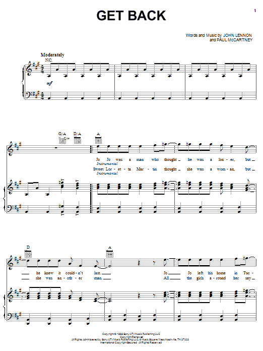 Preview The Beatles Get Back Rock sheet music, notes and chords for Piano, Vocal & Guitar (Right-Hand Melody), SKU: 22445 sheet music, piano notes, chords, guitar tabs, score, transpose, transcribe, how to play, guide, download, learn, tutorial, progression, song, artist, awards, billboard, mtv, vh1, tour, single, album, release