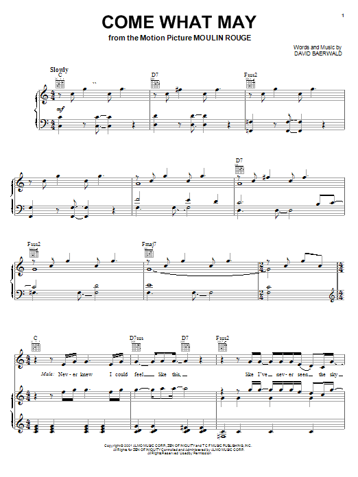 Preview Nicole Kidman and Ewan McGregor Come What May Film and TV sheet music, notes and chords for Piano, Vocal & Guitar (Right-Hand Melody), SKU: 22456 sheet music, piano notes, chords, guitar tabs, score, transpose, transcribe, how to play, guide, download, learn, tutorial, progression, song, artist, awards, billboard, mtv, vh1, tour, single, album, release