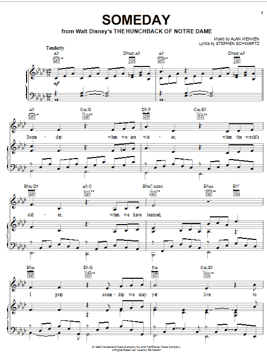Preview All-4-One Someday (from Walt Disney's The Hunchback Of Notre Dame) Film and TV sheet music, notes and chords for Piano, Vocal & Guitar (Right-Hand Melody), SKU: 22457 sheet music, piano notes, chords, guitar tabs, score, transpose, transcribe, how to play, guide, download, learn, tutorial, progression, song, artist, awards, billboard, mtv, vh1, tour, single, album, release