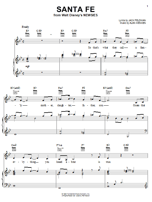 Preview Alan Menken Santa Fe (from Newsies) Children sheet music, notes and chords for Piano, Vocal & Guitar (Right-Hand Melody), SKU: 22459 sheet music, piano notes, chords, guitar tabs, score, transpose, transcribe, how to play, guide, download, learn, tutorial, progression, song, artist, awards, billboard, mtv, vh1, tour, single, album, release