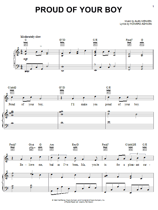 Preview Alan Menken Proud Of Your Boy (from Aladdin) Film and TV sheet music, notes and chords for Piano, Vocal & Guitar (Right-Hand Melody), SKU: 22460 sheet music, piano notes, chords, guitar tabs, score, transpose, transcribe, how to play, guide, download, learn, tutorial, progression, song, artist, awards, billboard, mtv, vh1, tour, single, album, release
