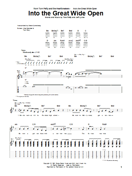 Preview Tom Petty And The Heartbreakers Into The Great Wide Open Rock sheet music, notes and chords for Guitar Tab, SKU: 22479 sheet music, piano notes, chords, guitar tabs, score, transpose, transcribe, how to play, guide, download, learn, tutorial, progression, song, artist, awards, billboard, mtv, vh1, tour, single, album, release