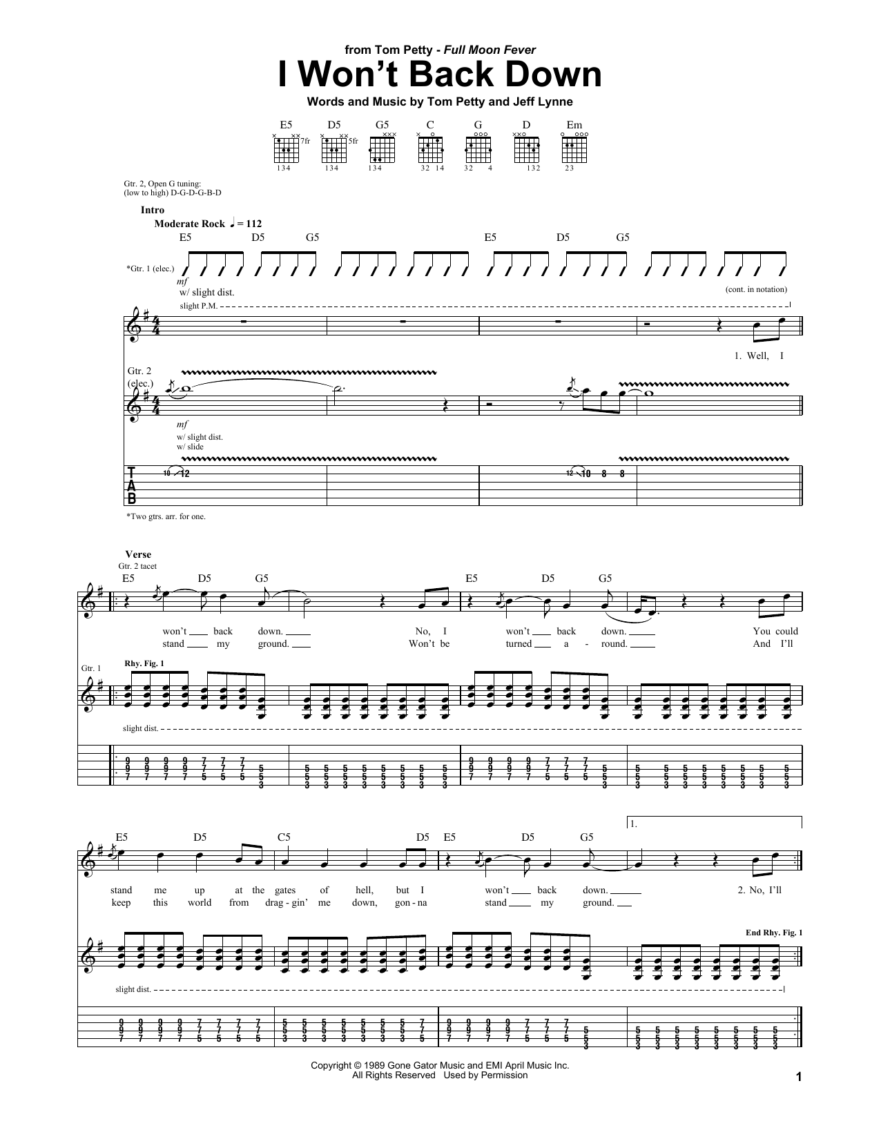 Preview Tom Petty I Won't Back Down Pop sheet music, notes and chords for Guitar Tab, SKU: 22481 sheet music, piano notes, chords, guitar tabs, score, transpose, transcribe, how to play, guide, download, learn, tutorial, progression, song, artist, awards, billboard, mtv, vh1, tour, single, album, release