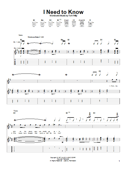 Preview Tom Petty And The Heartbreakers I Need To Know Rock sheet music, notes and chords for Guitar Tab, SKU: 22487 sheet music, piano notes, chords, guitar tabs, score, transpose, transcribe, how to play, guide, download, learn, tutorial, progression, song, artist, awards, billboard, mtv, vh1, tour, single, album, release