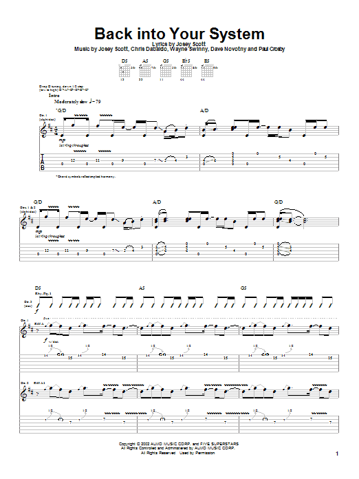 Preview Saliva Back Into Your System Rock sheet music, notes and chords for Guitar Tab, SKU: 22490 sheet music, piano notes, chords, guitar tabs, score, transpose, transcribe, how to play, guide, download, learn, tutorial, progression, song, artist, awards, billboard, mtv, vh1, tour, single, album, release