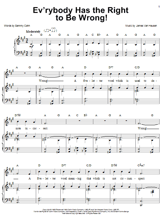 Preview Sammy Cahn Ev'rybody Has The Right To Be Wrong! Pop sheet music, notes and chords for Piano, Vocal & Guitar (Right-Hand Melody), SKU: 22502 sheet music, piano notes, chords, guitar tabs, score, transpose, transcribe, how to play, guide, download, learn, tutorial, progression, song, artist, awards, billboard, mtv, vh1, tour, single, album, release