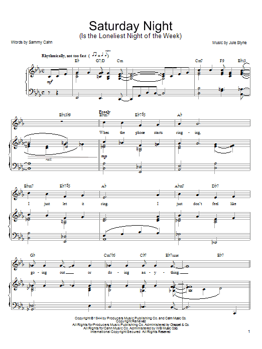 Preview Frank Sinatra Saturday Night (Is The Loneliest Night Of The Week) Jazz sheet music, notes and chords for Piano, Vocal & Guitar (Right-Hand Melody), SKU: 22510 sheet music, piano notes, chords, guitar tabs, score, transpose, transcribe, how to play, guide, download, learn, tutorial, progression, song, artist, awards, billboard, mtv, vh1, tour, single, album, release