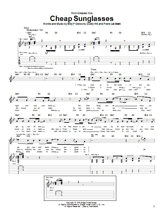 Preview ZZ Top Cheap Sunglasses Rock sheet music, notes and chords for Guitar Tab, SKU: 22517 sheet music, piano notes, chords, guitar tabs, score, transpose, transcribe, how to play, guide, download, learn, tutorial, progression, song, artist, awards, billboard, mtv, vh1, tour, single, album, release