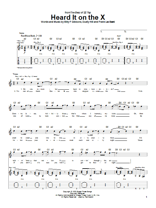 Preview ZZ Top Heard It On The X Pop sheet music, notes and chords for Guitar Tab, SKU: 22520 sheet music, piano notes, chords, guitar tabs, score, transpose, transcribe, how to play, guide, download, learn, tutorial, progression, song, artist, awards, billboard, mtv, vh1, tour, single, album, release