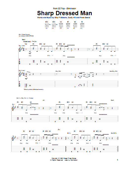 Preview ZZ Top Sharp Dressed Man Rock sheet music, notes and chords for Guitar Tab, SKU: 22525 sheet music, piano notes, chords, guitar tabs, score, transpose, transcribe, how to play, guide, download, learn, tutorial, progression, song, artist, awards, billboard, mtv, vh1, tour, single, album, release