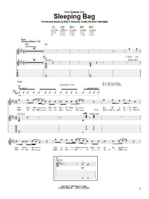 Preview ZZ Top Sleeping Bag Rock sheet music, notes and chords for Guitar Tab, SKU: 22526 sheet music, piano notes, chords, guitar tabs, score, transpose, transcribe, how to play, guide, download, learn, tutorial, progression, song, artist, awards, billboard, mtv, vh1, tour, single, album, release