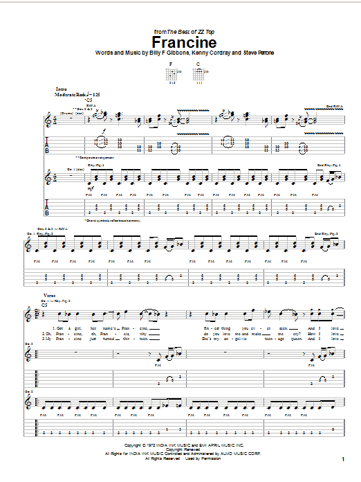 Preview ZZ Top Francine Pop sheet music, notes and chords for Guitar Tab, SKU: 22532 sheet music, piano notes, chords, guitar tabs, score, transpose, transcribe, how to play, guide, download, learn, tutorial, progression, song, artist, awards, billboard, mtv, vh1, tour, single, album, release
