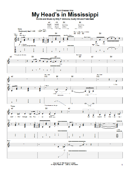 Preview ZZ Top My Head's In Mississippi Pop sheet music, notes and chords for Guitar Tab, SKU: 22536 sheet music, piano notes, chords, guitar tabs, score, transpose, transcribe, how to play, guide, download, learn, tutorial, progression, song, artist, awards, billboard, mtv, vh1, tour, single, album, release