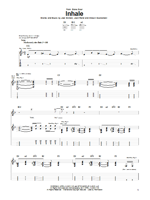 Preview Stone Sour Inhale Metal sheet music, notes and chords for Guitar Tab, SKU: 22543 sheet music, piano notes, chords, guitar tabs, score, transpose, transcribe, how to play, guide, download, learn, tutorial, progression, song, artist, awards, billboard, mtv, vh1, tour, single, album, release