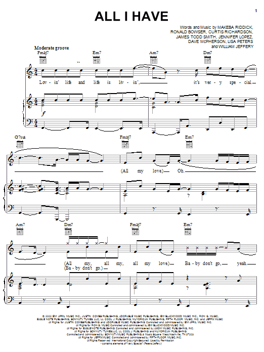 Preview Jennifer Lopez All I Have (feat. LL Cool J) Pop sheet music, notes and chords for Piano, Vocal & Guitar (Right-Hand Melody), SKU: 22548 sheet music, piano notes, chords, guitar tabs, score, transpose, transcribe, how to play, guide, download, learn, tutorial, progression, song, artist, awards, billboard, mtv, vh1, tour, single, album, release