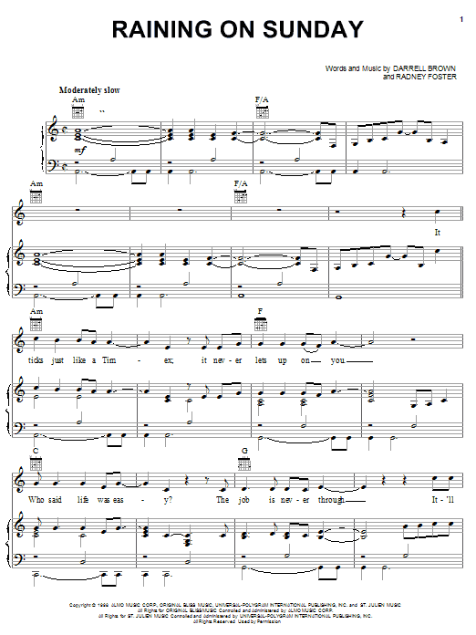 Preview Keith Urban Raining On Sunday Pop sheet music, notes and chords for Piano, Vocal & Guitar (Right-Hand Melody), SKU: 22558 sheet music, piano notes, chords, guitar tabs, score, transpose, transcribe, how to play, guide, download, learn, tutorial, progression, song, artist, awards, billboard, mtv, vh1, tour, single, album, release