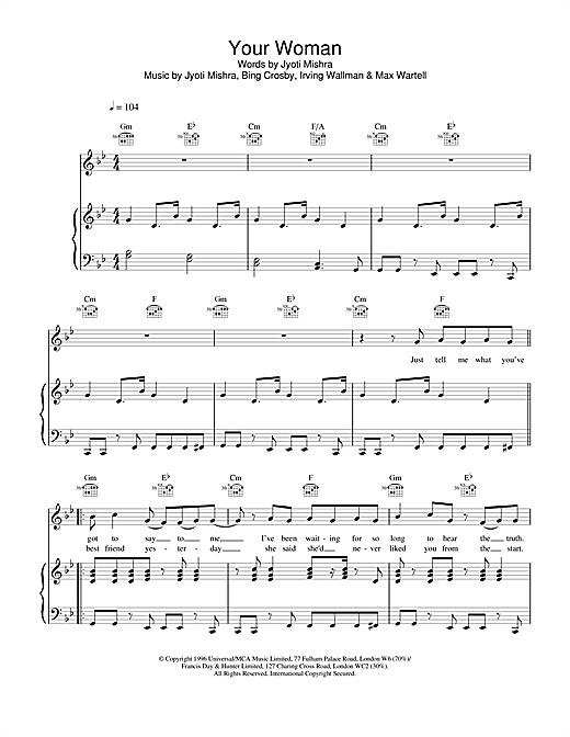 Preview White Town Your Woman Pop sheet music, notes and chords for Piano, Vocal & Guitar, SKU: 22569 sheet music, piano notes, chords, guitar tabs, score, transpose, transcribe, how to play, guide, download, learn, tutorial, progression, song, artist, awards, billboard, mtv, vh1, tour, single, album, release