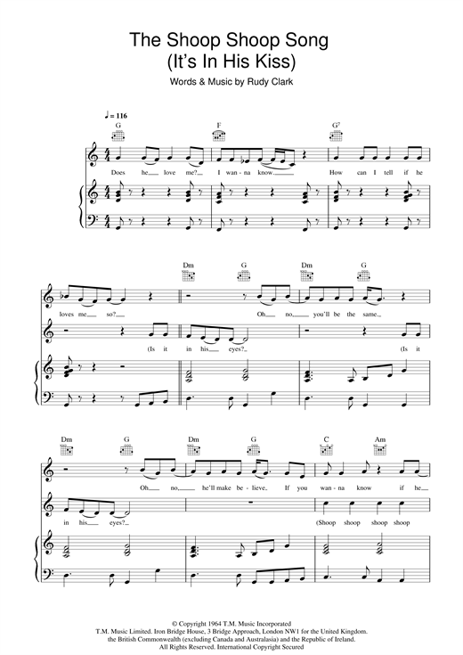 Preview Cher The Shoop Shoop Song (It's In His Kiss) Pop sheet music, notes and chords for Piano, Vocal & Guitar, SKU: 22571 The Shoop Shoop Song (It's In His Kiss) sheet music