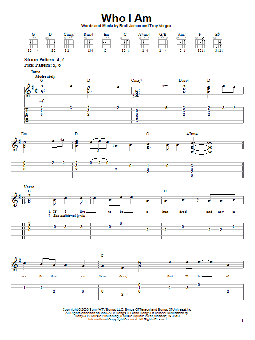 Preview Jessica Andrews Who I Am Country sheet music, notes and chords for Easy Guitar Tab, SKU: 22578 sheet music, piano notes, chords, guitar tabs, score, transpose, transcribe, how to play, guide, download, learn, tutorial, progression, song, artist, awards, billboard, mtv, vh1, tour, single, album, release