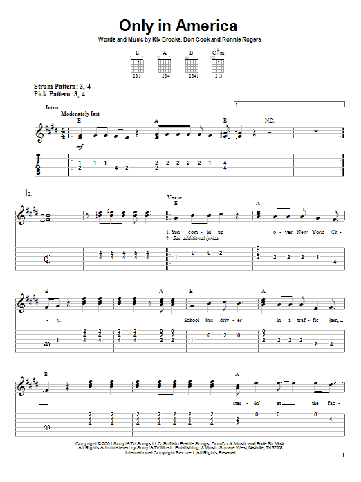 Preview Brooks & Dunn Only In America Pop sheet music, notes and chords for Easy Guitar Tab, SKU: 22583 sheet music, piano notes, chords, guitar tabs, score, transpose, transcribe, how to play, guide, download, learn, tutorial, progression, song, artist, awards, billboard, mtv, vh1, tour, single, album, release