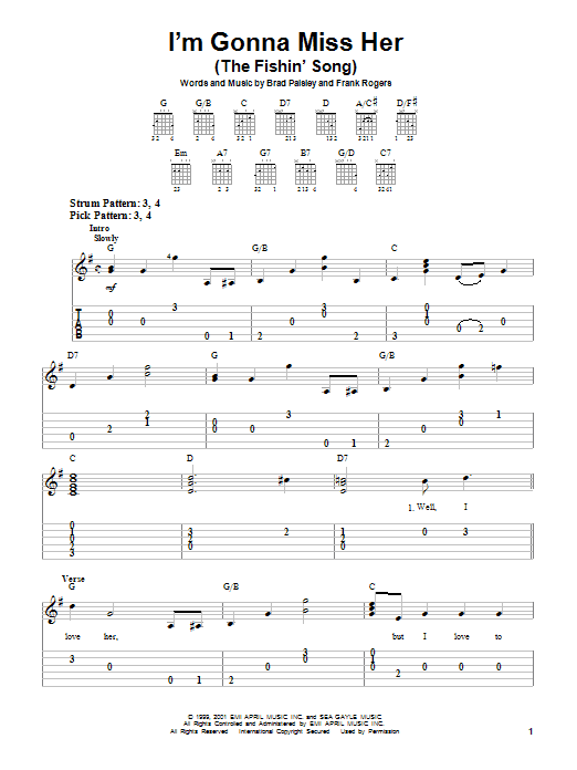 Preview Brad Paisley I'm Gonna Miss Her (The Fishin' Song) Country sheet music, notes and chords for Easy Guitar Tab, SKU: 22590 sheet music, piano notes, chords, guitar tabs, score, transpose, transcribe, how to play, guide, download, learn, tutorial, progression, song, artist, awards, billboard, mtv, vh1, tour, single, album, release