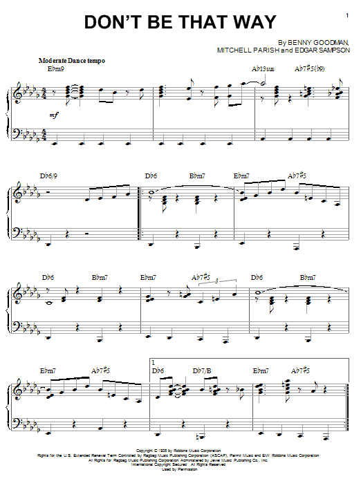 Preview Benny Goodman Don't Be That Way Jazz sheet music, notes and chords for Piano, SKU: 22616 sheet music, piano notes, chords, guitar tabs, score, transpose, transcribe, how to play, guide, download, learn, tutorial, progression, song, artist, awards, billboard, mtv, vh1, tour, single, album, release