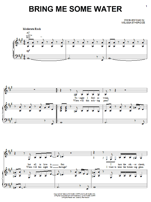 Preview Melissa Etheridge Bring Me Some Water Pop sheet music, notes and chords for Piano, Vocal & Guitar (Right-Hand Melody), SKU: 22626 sheet music, piano notes, chords, guitar tabs, score, transpose, transcribe, how to play, guide, download, learn, tutorial, progression, song, artist, awards, billboard, mtv, vh1, tour, single, album, release