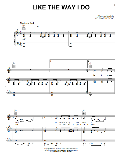 Preview Melissa Etheridge Like The Way I Do Rock sheet music, notes and chords for Piano, Vocal & Guitar (Right-Hand Melody), SKU: 22627 sheet music, piano notes, chords, guitar tabs, score, transpose, transcribe, how to play, guide, download, learn, tutorial, progression, song, artist, awards, billboard, mtv, vh1, tour, single, album, release