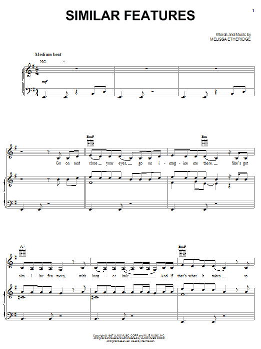 Preview Melissa Etheridge Similar Features Pop sheet music, notes and chords for Piano, Vocal & Guitar (Right-Hand Melody), SKU: 22628 sheet music, piano notes, chords, guitar tabs, score, transpose, transcribe, how to play, guide, download, learn, tutorial, progression, song, artist, awards, billboard, mtv, vh1, tour, single, album, release