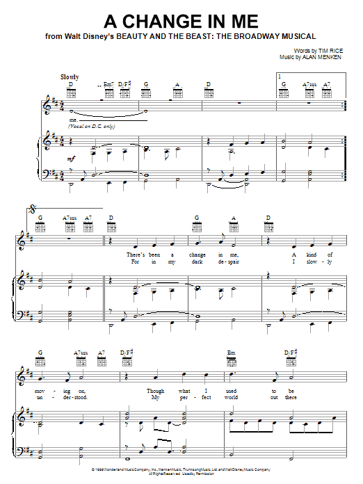 Preview Alan Menken A Change In Me Broadway sheet music, notes and chords for Piano, Vocal & Guitar (Right-Hand Melody), SKU: 22630 sheet music, piano notes, chords, guitar tabs, score, transpose, transcribe, how to play, guide, download, learn, tutorial, progression, song, artist, awards, billboard, mtv, vh1, tour, single, album, release