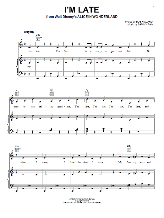 Preview Sammy Fain I'm Late Children sheet music, notes and chords for Piano, Vocal & Guitar (Right-Hand Melody), SKU: 22643 sheet music, piano notes, chords, guitar tabs, score, transpose, transcribe, how to play, guide, download, learn, tutorial, progression, song, artist, awards, billboard, mtv, vh1, tour, single, album, release
