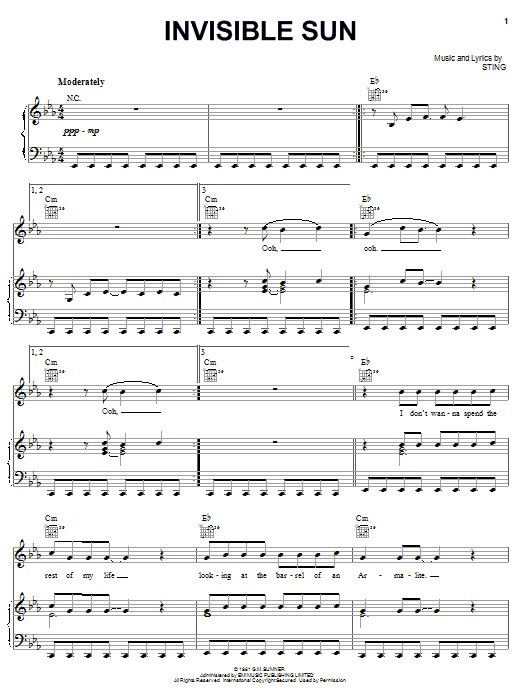 Preview The Police Invisible Sun Rock sheet music, notes and chords for Piano, Vocal & Guitar (Right-Hand Melody), SKU: 22644 sheet music, piano notes, chords, guitar tabs, score, transpose, transcribe, how to play, guide, download, learn, tutorial, progression, song, artist, awards, billboard, mtv, vh1, tour, single, album, release