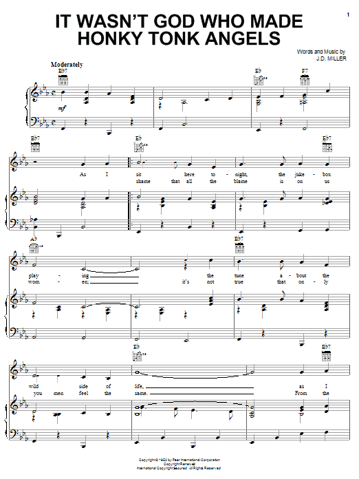 Preview Kitty Wells It Wasn't God Who Made Honky Tonk Angels Country sheet music, notes and chords for Piano, Vocal & Guitar (Right-Hand Melody), SKU: 22646 sheet music, piano notes, chords, guitar tabs, score, transpose, transcribe, how to play, guide, download, learn, tutorial, progression, song, artist, awards, billboard, mtv, vh1, tour, single, album, release