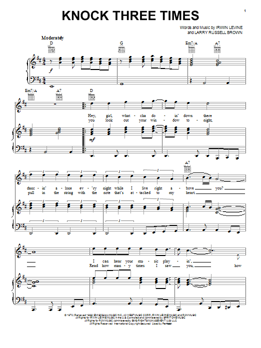 Preview Tony Orlano & Dawn Knock Three Times Rock sheet music, notes and chords for Piano, Vocal & Guitar (Right-Hand Melody), SKU: 22652 sheet music, piano notes, chords, guitar tabs, score, transpose, transcribe, how to play, guide, download, learn, tutorial, progression, song, artist, awards, billboard, mtv, vh1, tour, single, album, release