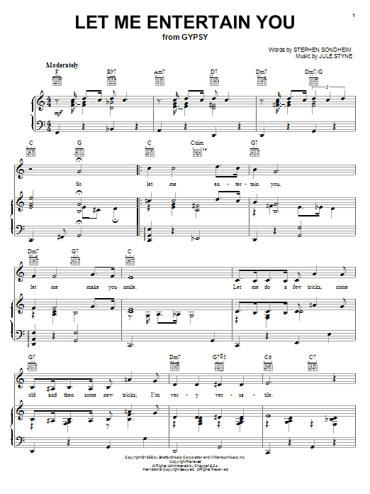 Preview Stephen Sondheim Let Me Entertain You Musicals sheet music, notes and chords for Piano, Vocal & Guitar (Right-Hand Melody), SKU: 22655 sheet music, piano notes, chords, guitar tabs, score, transpose, transcribe, how to play, guide, download, learn, tutorial, progression, song, artist, awards, billboard, mtv, vh1, tour, single, album, release
