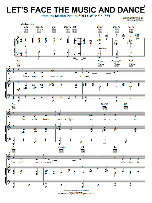 Preview Irving Berlin Let's Face The Music And Dance Jazz sheet music, notes and chords for Piano, Vocal & Guitar (Right-Hand Melody), SKU: 22657 sheet music, piano notes, chords, guitar tabs, score, transpose, transcribe, how to play, guide, download, learn, tutorial, progression, song, artist, awards, billboard, mtv, vh1, tour, single, album, release