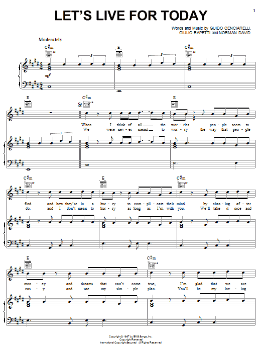 Preview The Grass Roots Let's Live For Today Rock sheet music, notes and chords for Piano, Vocal & Guitar (Right-Hand Melody), SKU: 22658 sheet music, piano notes, chords, guitar tabs, score, transpose, transcribe, how to play, guide, download, learn, tutorial, progression, song, artist, awards, billboard, mtv, vh1, tour, single, album, release