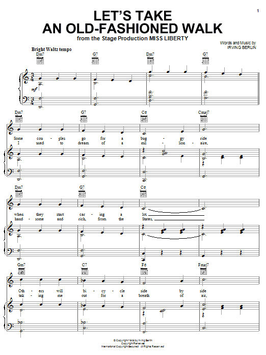 Preview Irving Berlin Let's Take An Old-Fashioned Walk Jazz sheet music, notes and chords for Piano, Vocal & Guitar (Right-Hand Melody), SKU: 22659 sheet music, piano notes, chords, guitar tabs, score, transpose, transcribe, how to play, guide, download, learn, tutorial, progression, song, artist, awards, billboard, mtv, vh1, tour, single, album, release
