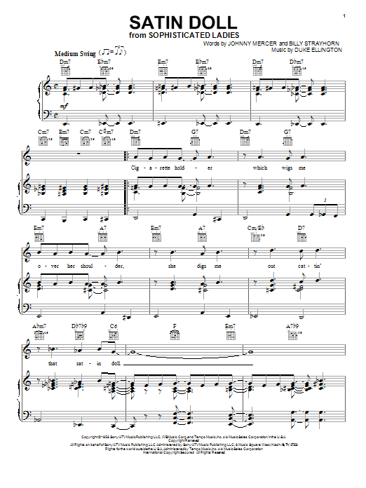 Preview Duke Ellington Satin Doll Jazz sheet music, notes and chords for Piano, Vocal & Guitar (Right-Hand Melody), SKU: 22665 sheet music, piano notes, chords, guitar tabs, score, transpose, transcribe, how to play, guide, download, learn, tutorial, progression, song, artist, awards, billboard, mtv, vh1, tour, single, album, release