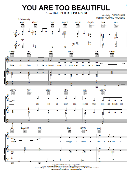 Preview Rodgers & Hart You Are Too Beautiful Pop sheet music, notes and chords for Piano, Vocal & Guitar (Right-Hand Melody), SKU: 22670 sheet music, piano notes, chords, guitar tabs, score, transpose, transcribe, how to play, guide, download, learn, tutorial, progression, song, artist, awards, billboard, mtv, vh1, tour, single, album, release