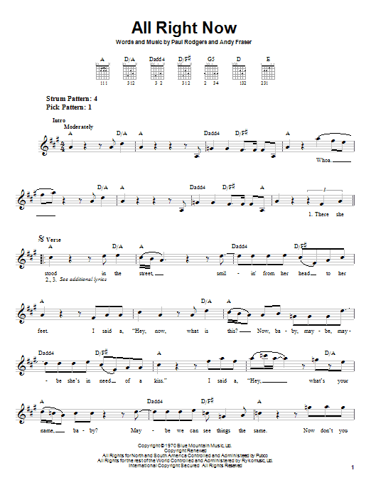 Preview Free All Right Now Rock sheet music, notes and chords for Easy Guitar, SKU: 22673 sheet music, piano notes, chords, guitar tabs, score, transpose, transcribe, how to play, guide, download, learn, tutorial, progression, song, artist, awards, billboard, mtv, vh1, tour, single, album, release