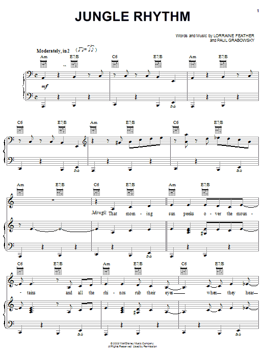 Preview Lorraine Feather Jungle Rhythm (from The Jungle Book 2) Film and TV sheet music, notes and chords for Piano, Vocal & Guitar (Right-Hand Melody), SKU: 22676 sheet music, piano notes, chords, guitar tabs, score, transpose, transcribe, how to play, guide, download, learn, tutorial, progression, song, artist, awards, billboard, mtv, vh1, tour, single, album, release