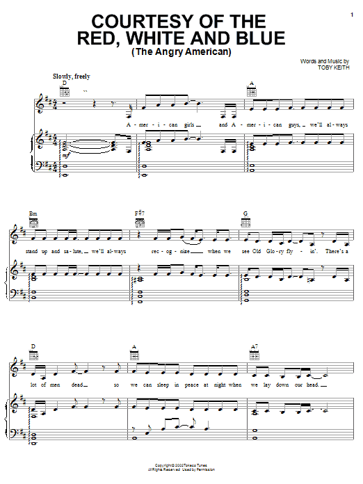 Preview Toby Keith Courtesy Of The Red, White And Blue (The Angry American) Country sheet music, notes and chords for Piano, Vocal & Guitar (Right-Hand Melody), SKU: 22681 sheet music, piano notes, chords, guitar tabs, score, transpose, transcribe, how to play, guide, download, learn, tutorial, progression, song, artist, awards, billboard, mtv, vh1, tour, single, album, release