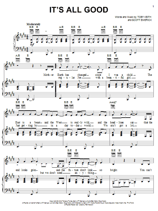 Preview Toby Keith It's All Good Country sheet music, notes and chords for Piano, Vocal & Guitar (Right-Hand Melody), SKU: 22683 sheet music, piano notes, chords, guitar tabs, score, transpose, transcribe, how to play, guide, download, learn, tutorial, progression, song, artist, awards, billboard, mtv, vh1, tour, single, album, release