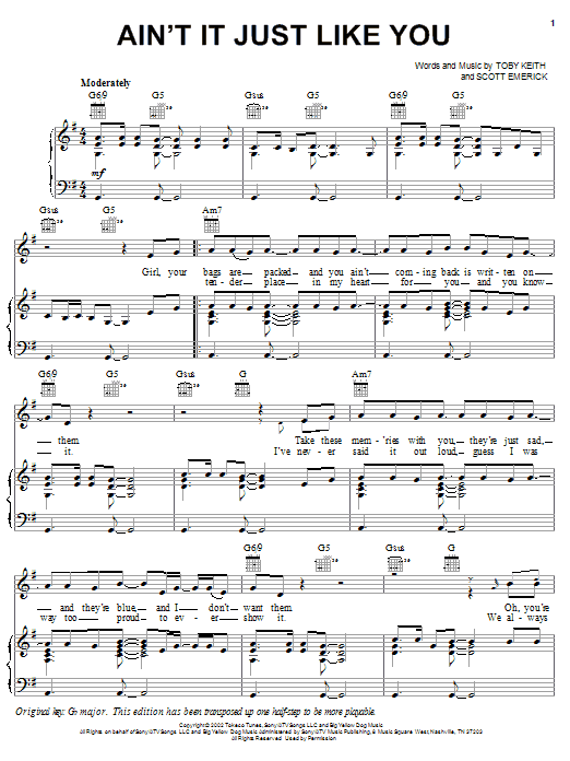 Preview Toby Keith Ain't It Just Like You Country sheet music, notes and chords for Piano, Vocal & Guitar (Right-Hand Melody), SKU: 22688 sheet music, piano notes, chords, guitar tabs, score, transpose, transcribe, how to play, guide, download, learn, tutorial, progression, song, artist, awards, billboard, mtv, vh1, tour, single, album, release