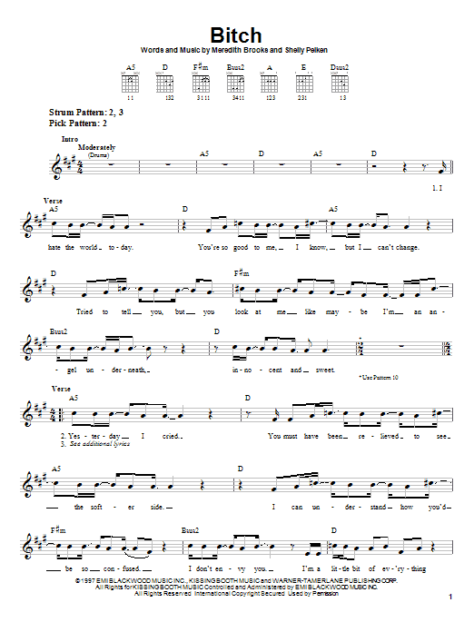 Preview Meredith Brooks Bitch Pop sheet music, notes and chords for Easy Guitar, SKU: 22699 sheet music, piano notes, chords, guitar tabs, score, transpose, transcribe, how to play, guide, download, learn, tutorial, progression, song, artist, awards, billboard, mtv, vh1, tour, single, album, release