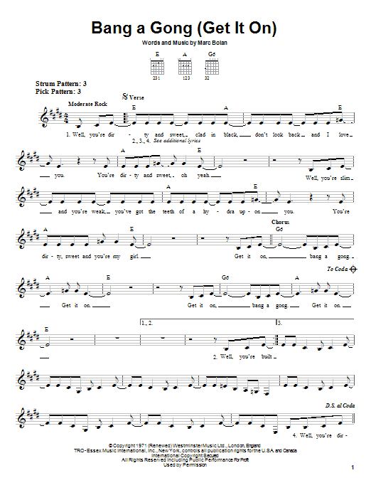 Preview T. Rex Bang A Gong (Get It On) Pop sheet music, notes and chords for Easy Guitar, SKU: 22702 sheet music, piano notes, chords, guitar tabs, score, transpose, transcribe, how to play, guide, download, learn, tutorial, progression, song, artist, awards, billboard, mtv, vh1, tour, single, album, release
