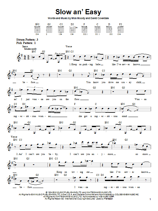 Preview Whitesnake Slow An' Easy Rock sheet music, notes and chords for Easy Guitar, SKU: 22714 sheet music, piano notes, chords, guitar tabs, score, transpose, transcribe, how to play, guide, download, learn, tutorial, progression, song, artist, awards, billboard, mtv, vh1, tour, single, album, release