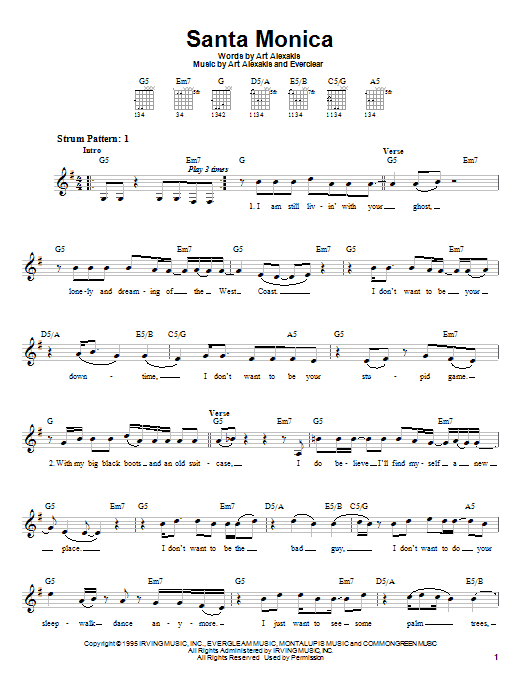 Preview Everclear Santa Monica Rock sheet music, notes and chords for Easy Guitar, SKU: 22718 sheet music, piano notes, chords, guitar tabs, score, transpose, transcribe, how to play, guide, download, learn, tutorial, progression, song, artist, awards, billboard, mtv, vh1, tour, single, album, release